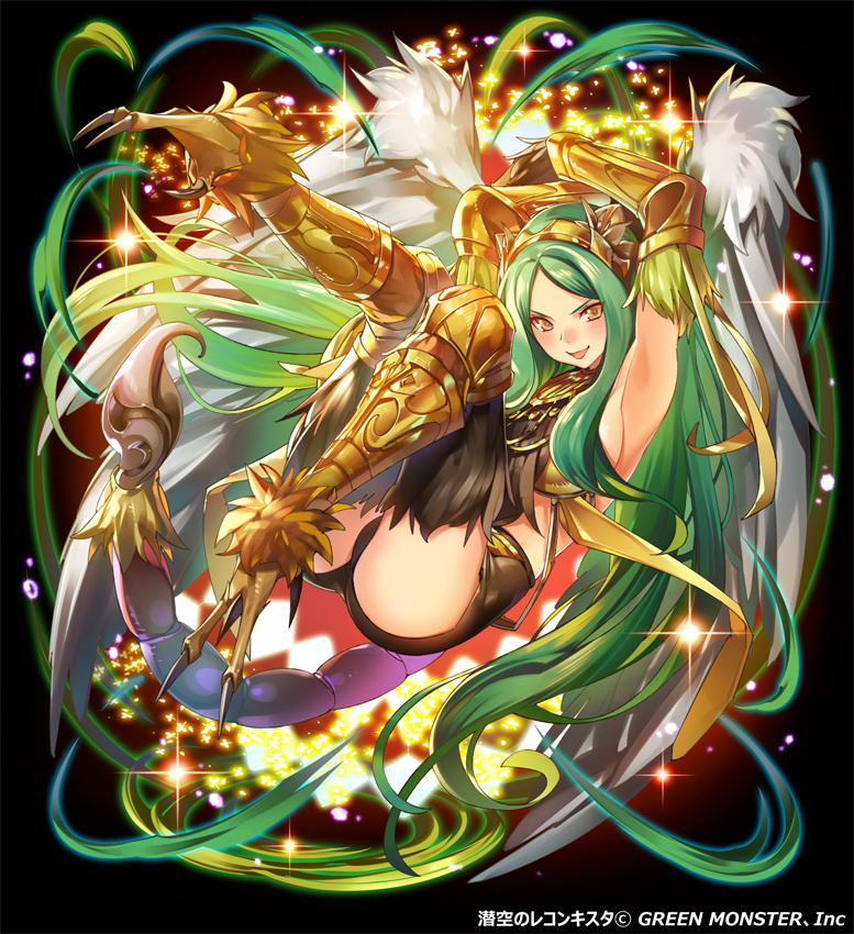 &gt;:) :d armor armpits ass black_background blush breasts claws green_eyes green_hair grin leg_armor long_hair looking_at_viewer magic medium_breasts official_art open_mouth original parted_lips pop_kyun scorpion_tail sideboob smile solo tail talons v-shaped_eyebrows vambraces watermark wings yellow_eyes