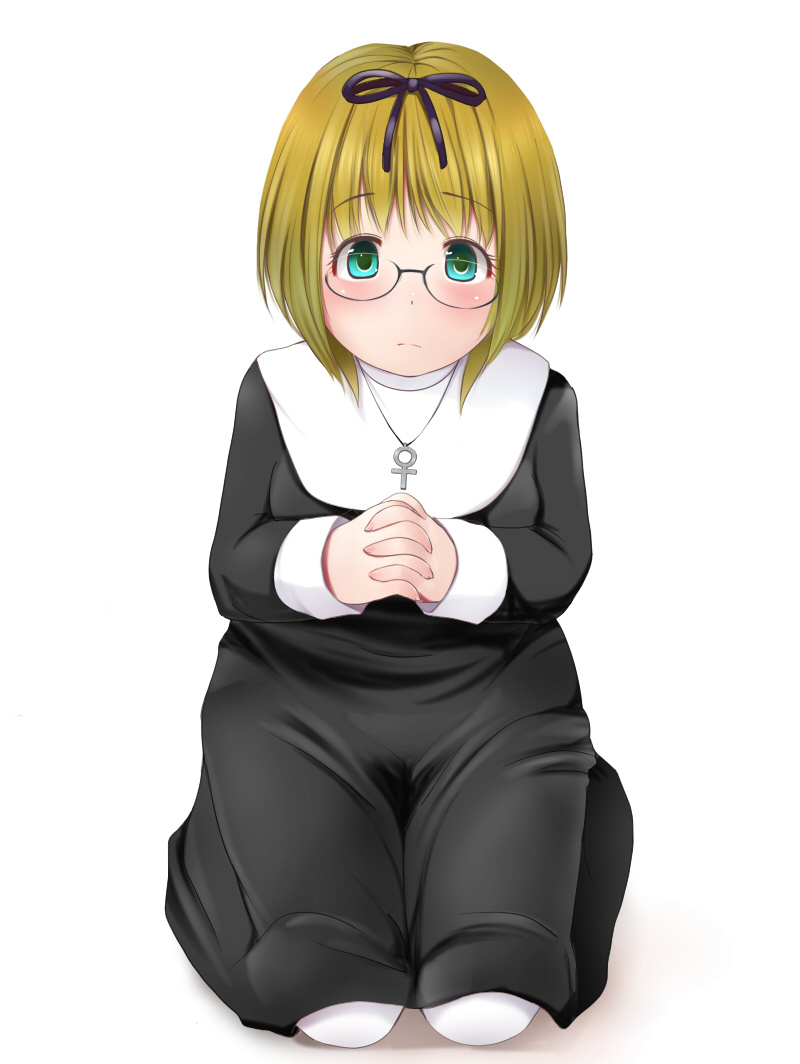 1girl artist_request blank_expression blonde_hair blush bow dress glasses green_eyes hands_clasped kneeling looking_at_viewer necklace nun short_hair