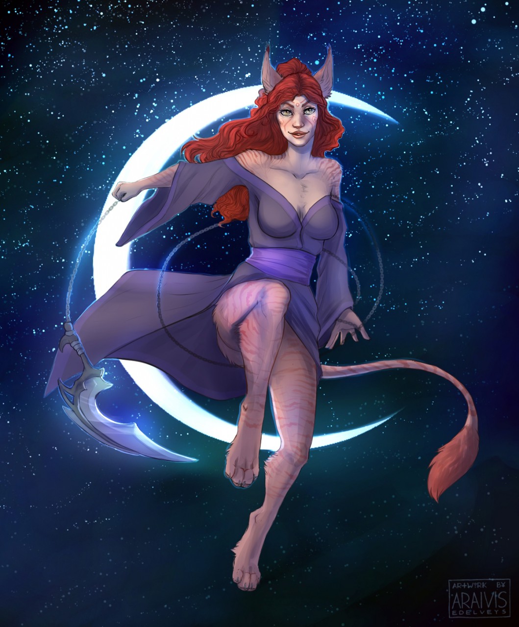 4_toes 5_fingers anthro araivis-edelveys barefoot breasts clothed clothing detailed_background digitigrade eyelashes feline female hair holding_object holding_weapon mammal night outside red_hair sky smile solo star starry_sky toes weapon