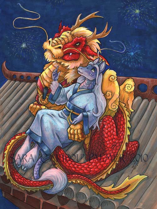2010 beard blonde_hair blue_fur blue_hair caribou_(artist) chinese_clothing clothed clothing dragon duo eastern_dragon facial_hair feathered_wings feathers female fireworks fur green_eyes hair long_hair male night outside qilin red_scales roof scales wings yellow_scales