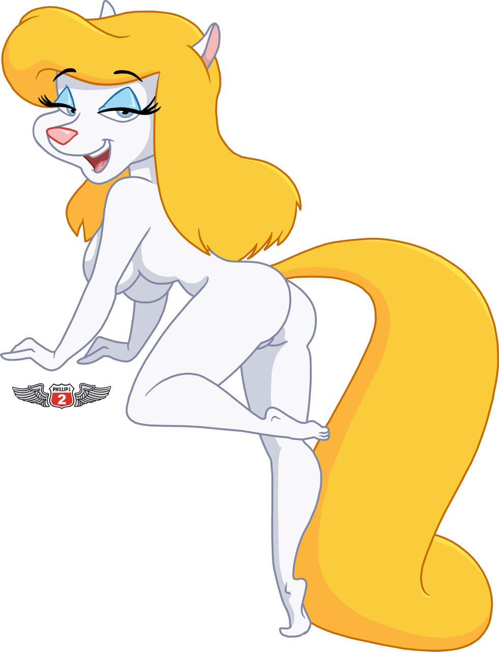 alpha_channel animaniacs anthro bedroom_eyes bent_over big_breasts blonde_hair breasts butt doug_winger female fur hair half-closed_eyes looking_back mammal minerva_mink mink mustelid nude phillipthe2 seductive simple_background solo transparent_background warner_brothers white_fur