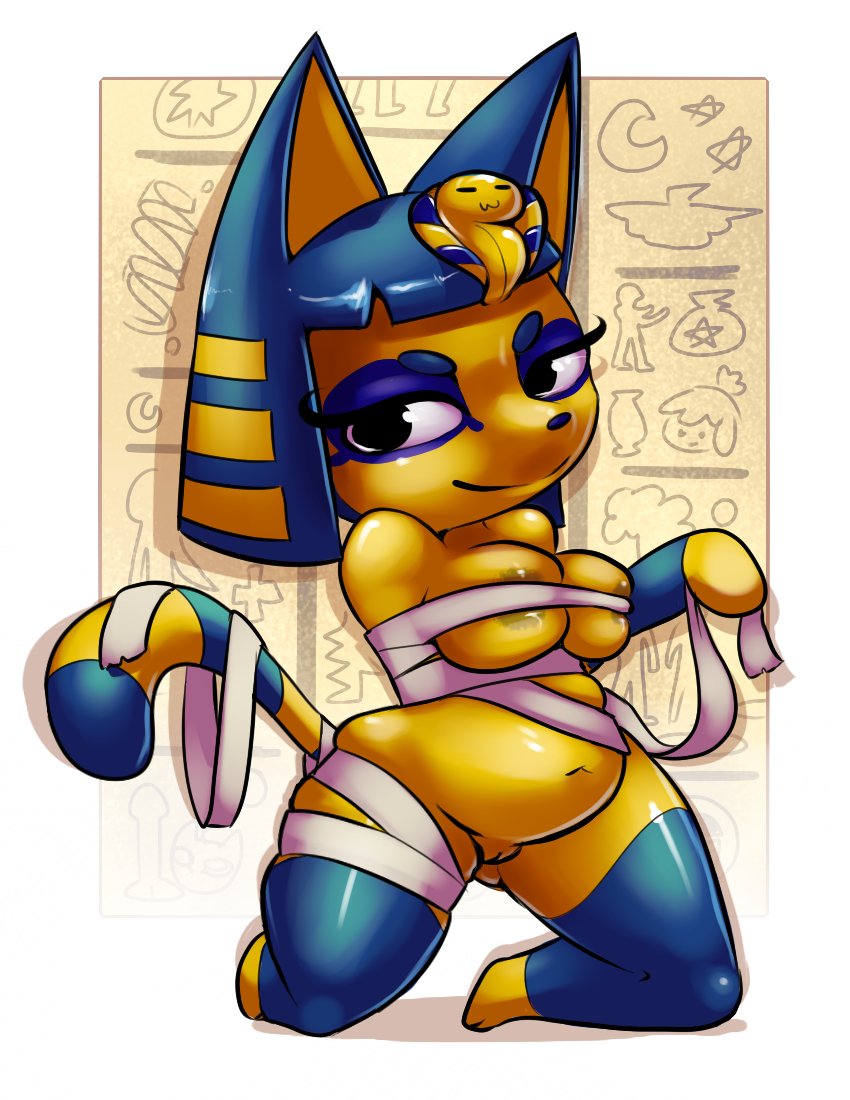 2015 animal_crossing ankha areola bedroom_eyes big_breasts black_eyes blue_fur blue_hair blue_nose breasts cat egyptian eyelashes feline female fur hair half-closed_eyes headdress mammal multicolored_fur multicolored_hair nintendo pussy seductive slightly_chubby smile solo striped_tail stripes teckworks two_tone_hair video_games wrappings yellow_fur
