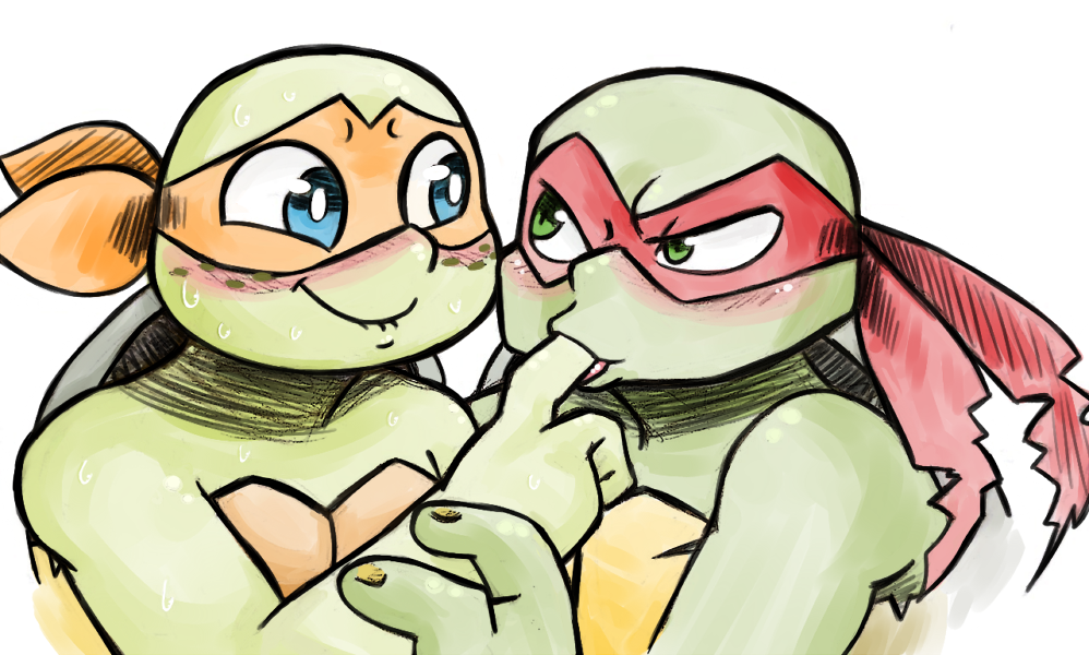 2017 anthro arm_grab bandanna blue_eyes blush chipped_shell duo finger_suck freckles green_eyes incest inkyfrog male male/male mask michelangelo_(tmnt) raphael_(tmnt) reptile scalie shell simple_background sweat teenage_mutant_ninja_turtles tongue turtle white_background