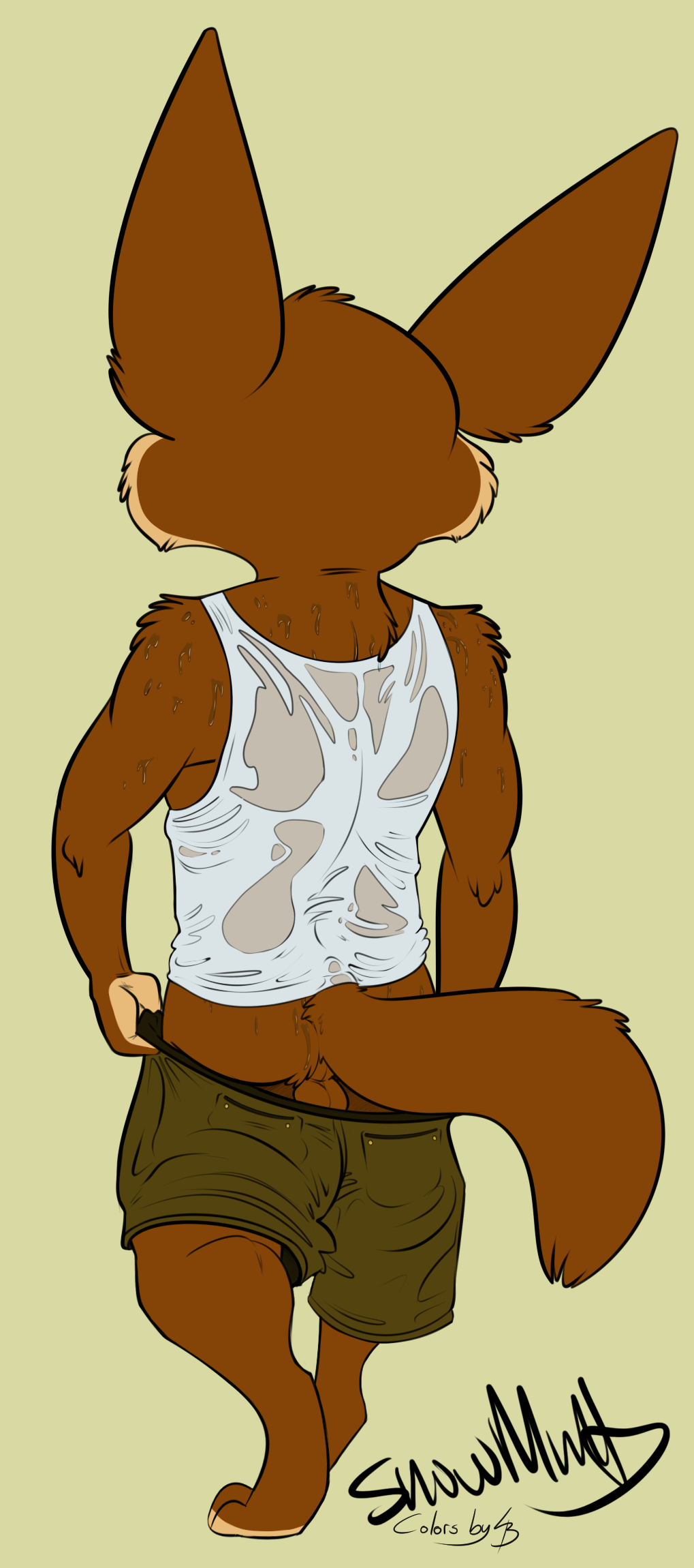 anthro backsack balls barefoot big_ears butt canine clothed clothing collaboration digitigrade disney fennec finnick fox hi_res lancer_buck_(colorist) male mammal pants pants_down partially_clothed perineum rear_view shirt shorts signature sketch snowmutt solo sweat tank_top walking zootopia