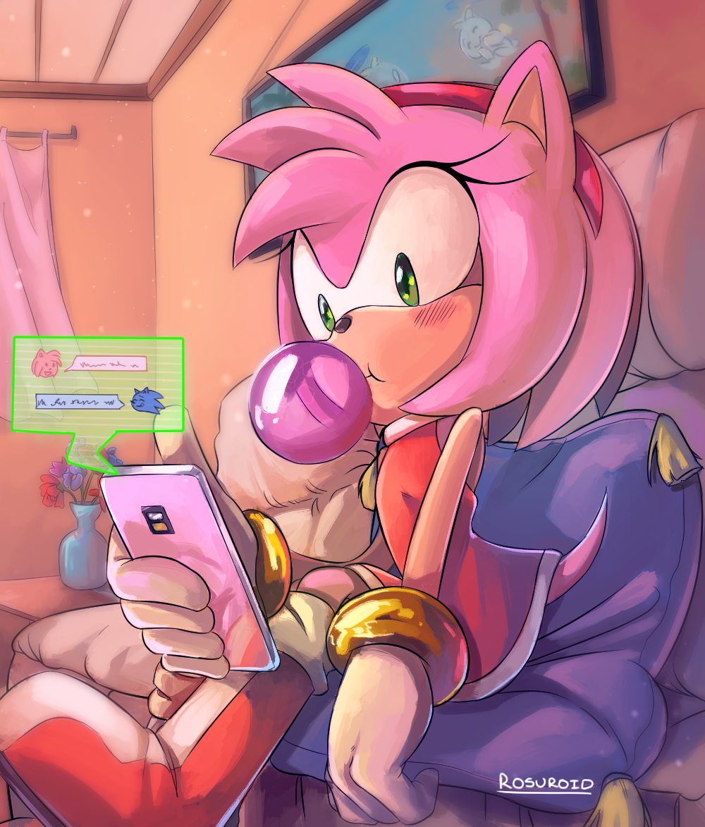 amy_rose anthro blush boots bracelet bubble_gum chao clothing dress english_text female footwear gloves green_eyes hair hairband hedgehog jewelry mammal phone photo pillow pink_hair rosuroid short_hair sitting solo solo_focus sonic_(series) sonic_the_hedgehog text