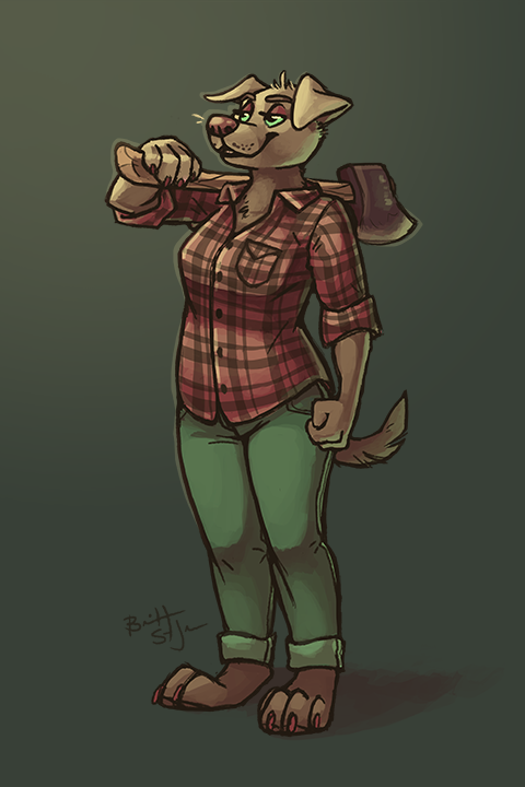 2017 anthro axe barefoot canine claws clothing dog female green_eyes holding_object labrador_retriever mammal melee_weapon pants sepia_(artist) shirt simple_background smile solo standing toe_claws weapon