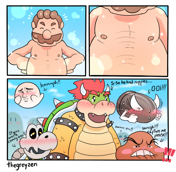 ! ... :o anthro areola biting_lip black_eyes blush bone boo_(mario) bowser bullet_bill close-up clothed clothing collar comic dry_bones english_text eyes_closed facial_hair fist ghost goomba hair human humor king koopa male male/male mammal mario mario_bros meme meme_face mostly_nude mustache nintendo nipples nude outside royalty scalie sharp_teeth shell size_difference skeleton slightly_chubby smile solo sparkles spikes spirit squint standing stare super_mario_odyssey sweat teeth text thegreyzen topless video_games yellow_eyes