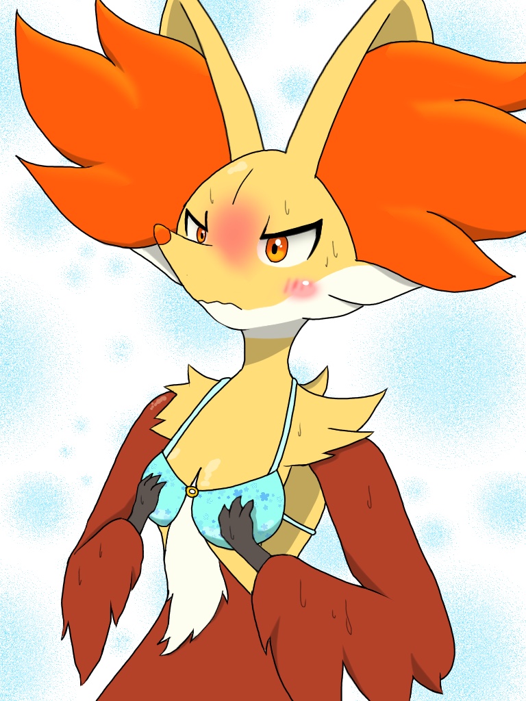 ambiguous_gender anthro bikini blush clothed clothing delphox embarrassed fur inner_ear_fluff nervous nintendo pok&eacute;mon red_eyes red_fur solo sweat swimsuit video_games wet what y._mukuru._s yellow_fur