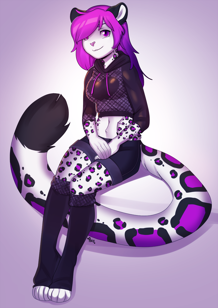 &lt;3 2017 anthro arh clothing feline female hair hoodie legwear leopard mammal pose purple_eyes purple_hair shiny shorts snow_leopard socks solo