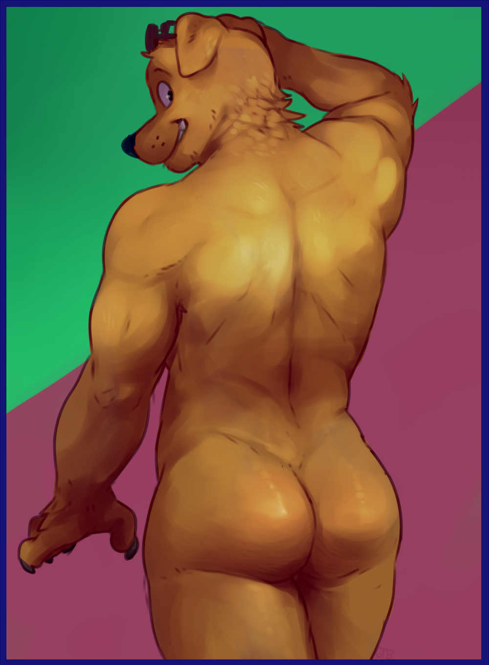 anthro bojack_horseman butt canine dog glitter_trap_boy grin looking_back male mammal mr._peanutbutter nude pinup pose smile solo