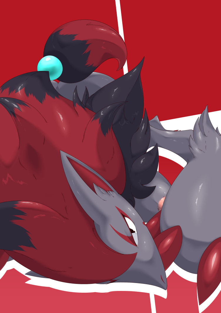 biidama black_eyes breasts butt female hair long_hair looking_at_viewer nintendo nipples pok&eacute;mon red_background red_hair simple_background solo video_games zoroark