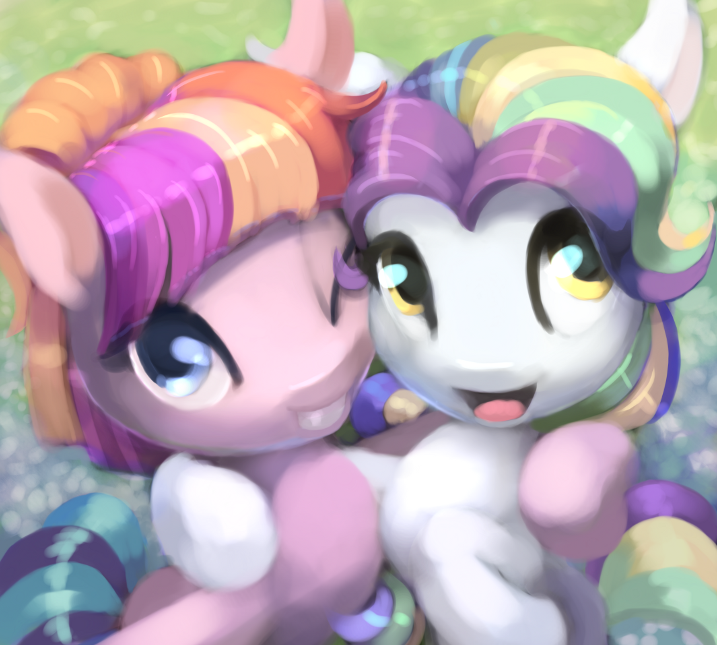 2017 bakuel coconut_cream_(mlp) duo equine female feral horse hug looking_at_viewer mammal my_little_pony pony tongue tongue_out toola_roola_(mlp) twinkle_wish_adventure