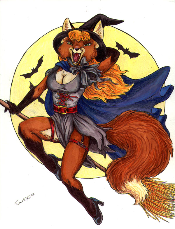 1998 anthro bat black_fur breasts broom brown_fur canine cape caribou_(artist) cleavage clothed clothing feral footwear fox fur garter green_eyes hair halloween hat high_heels holidays magic_user mammal red_hair shoes solo white_fur witch witch_hat