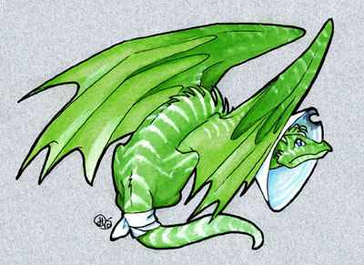 2010 ambiguous_gender blue_eyes cone_of_shame dhstein dragon feral frown green_scales grey_background membranous_wings scales simple_background solo white_scales wings