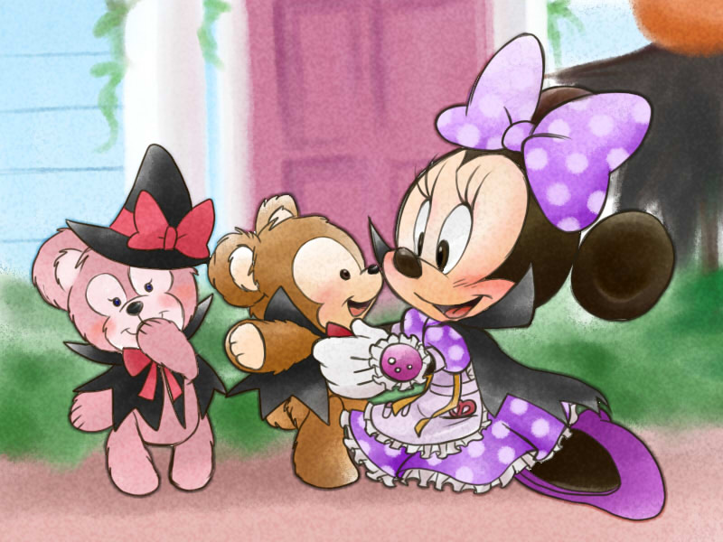 2011 4:3 4_fingers animate_inanimate anthro black_nose blue_eyes blush bow_tie brown_eyes chico110 clothing costume disney dress duffy_the_disney_bear eyelashes footwear hair_bow hair_ribbon halloween high_heels holidays looking_at_viewer mammal minnie_mouse mouse open_mouth open_smile outside ribbons rodent round_ears shelliemay shoes smile teddy_bear white_gloves witch's_hat