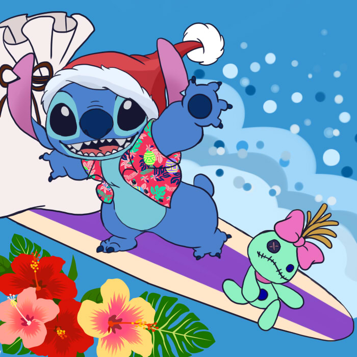2013 3_toes 4_fingers alien black_eyes blue_background blue_claws blue_fur blue_nose button_eyes chico110 christmas claws clothing digital_drawing_(artwork) digital_media_(artwork) disney experiment_(species) flower fur hair_bow hair_ribbon hat hawaiian_shirt hibiscus holidays inanimate_object lilo_and_stitch looking_at_viewer notched_ear open_mouth open_smile plant ragdoll ribbons sack santa_hat scrump shirt simple_background small_tail smile stitch surfboard surfing toe_claws toes