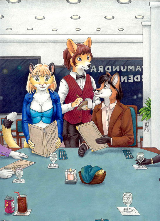 anthro black_hair black_nose blonde_hair breasts candle canine chakat chakona_space cleavage clothed clothing cougar feline female fox foxtaur fur goldendale green_eyes group hair kacey male mammal orange_fur pink_nose purple_eyes red_hair taur yellow_fur