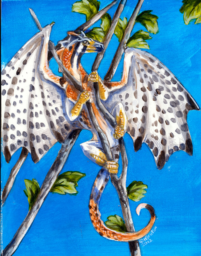 2012 ambiguous_gender black_scales branch brown_eyes dragon feral heather_bruton leaf membranous_wings orange_scales scales solo white_scales wings