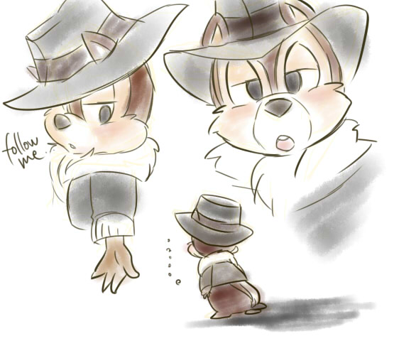 ... 2011 4_fingers anthro black_nose blush bottomless brown_fur cheek_tuft chico110 chip_'n_dale_rescue_rangers chip_(cdrr) chipmunk clothed clothing colored_sketch dialogue disney english_text fur half-closed_eyes hat jacket looking_at_viewer mammal open_mouth reaching rodent simple_background small_tail text tuft white_background