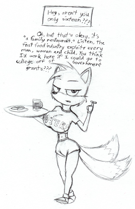 2008 anthro big_breasts breasts clothing crossgender hooters looking_at_viewer miles_prower monochrome multi_tail norithics shirt shorts sketch sonic_(series) uniform