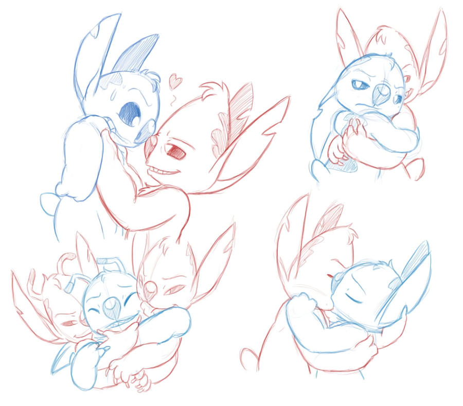 &lt;3 2010 2_heads 4_arms alien antennae back_markings carrying chest_tuft dipstick_antennae disney ears_down ears_up embrace experiment_(species) experiment_627 eyes_closed fur grin half-closed_eyes head_tuft hug kissing licking lilo_and_stitch male male/male markings mickeymonster multi_arm multi_head multi_limb multiple_scenes nervous notched_ear simple_background sketch small_tail smile stitch sweat tongue tongue_out tuft white_background white_pupils