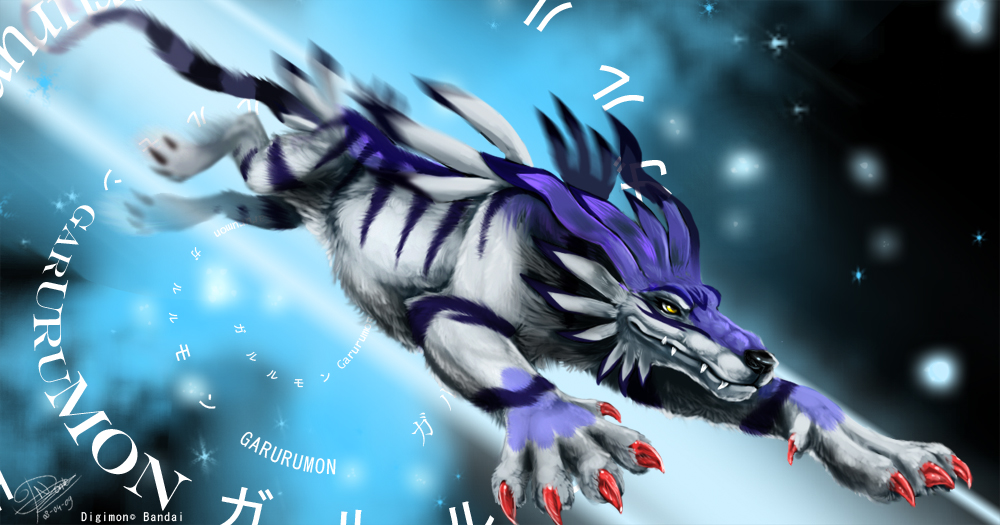 canine claws detailed_background digimon fangs feral fur garurumon mammal multicolored_fur red_claws rednight signature solo striped_fur stripes two_tone_fur wolf yellow_eyes