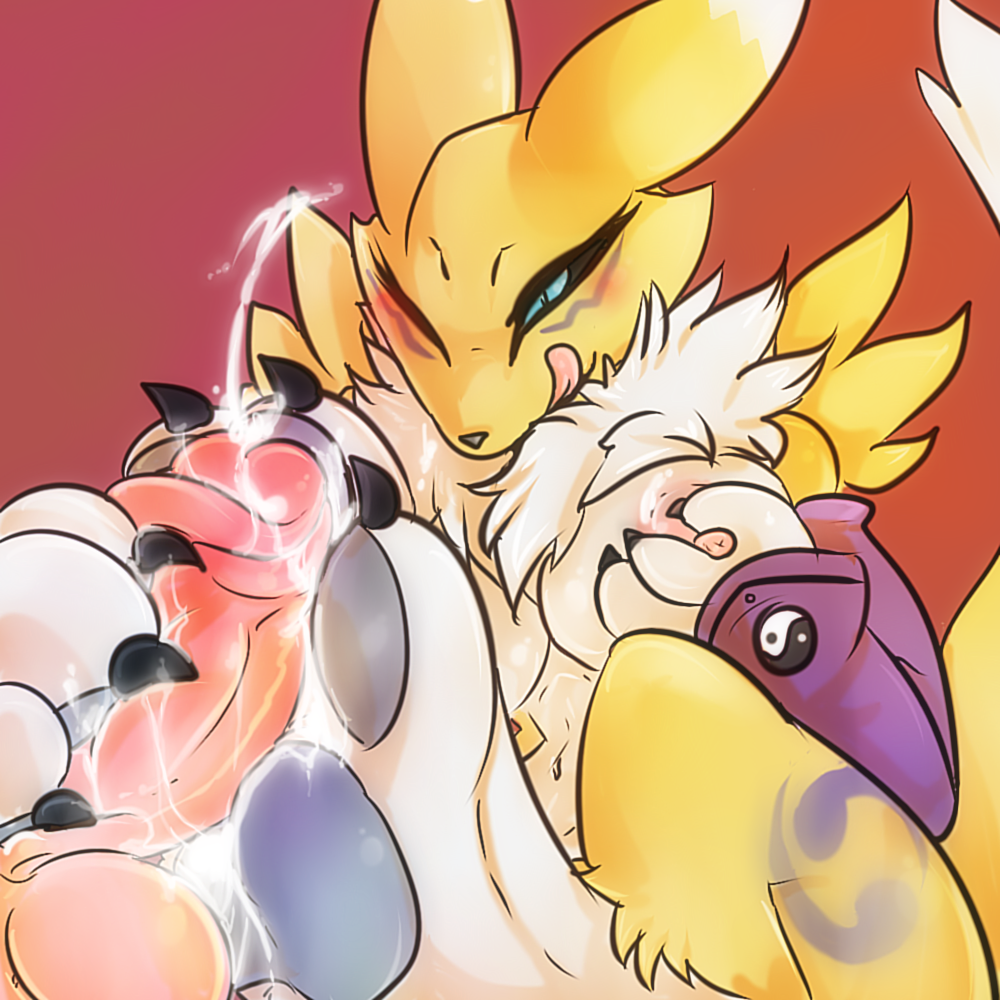 blonde_hair blush breast_grab breasts cum cum_on_breasts cum_on_feet digimon feet female foot_fetish foot_focus footjob hair hand_on_breast male male/female paws pawsitively penis renamon sex simple_background tongue tongue_out