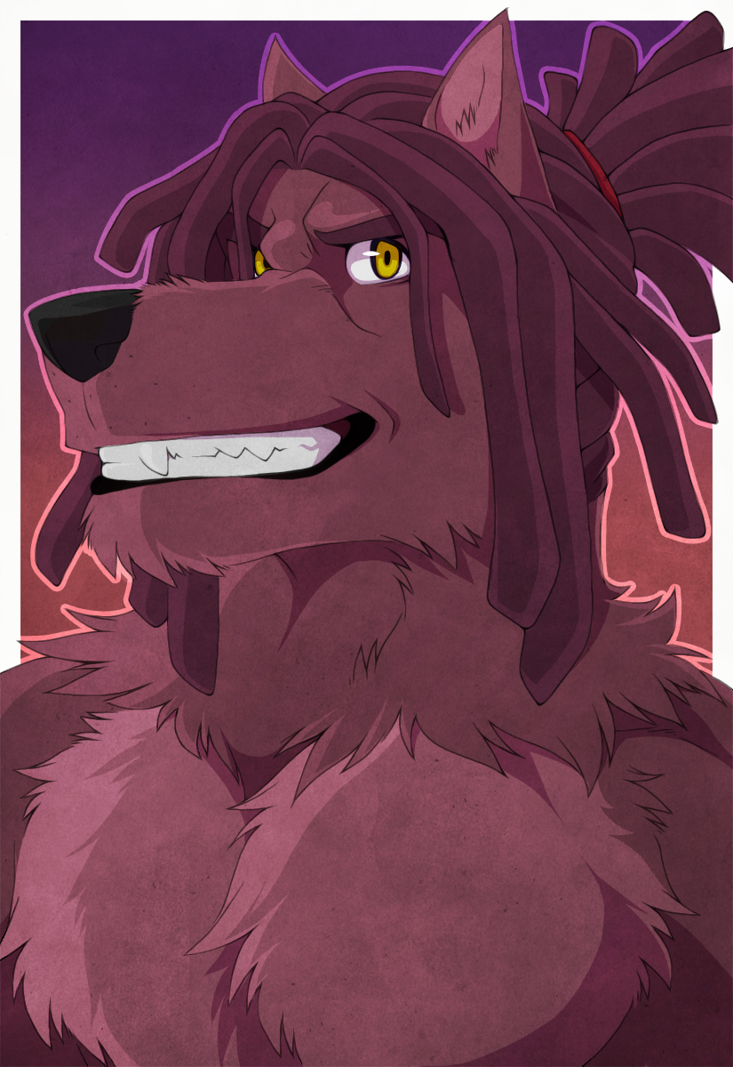 2014 aluminemsiren anthro biped black_nose border bust_portrait canine chance_(tricksterd) digital_media_(artwork) dreadlocks front_view fur gradient_background grey_fur grey_hair grin hair hi_res looking_at_viewer male mammal outside_border portrait simple_background smile snout solo teeth were werewolf white_border yellow_eyes