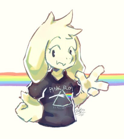 2016 anthro asriel_dreemurr boss_monster caprine clothing digital_media_(artwork) eyelashes fur goat hand_on_hip k1_kl long_ears male mammal pink_floyd rainbow shirt signature simple_background solo undertale v_sign video_games white_fur