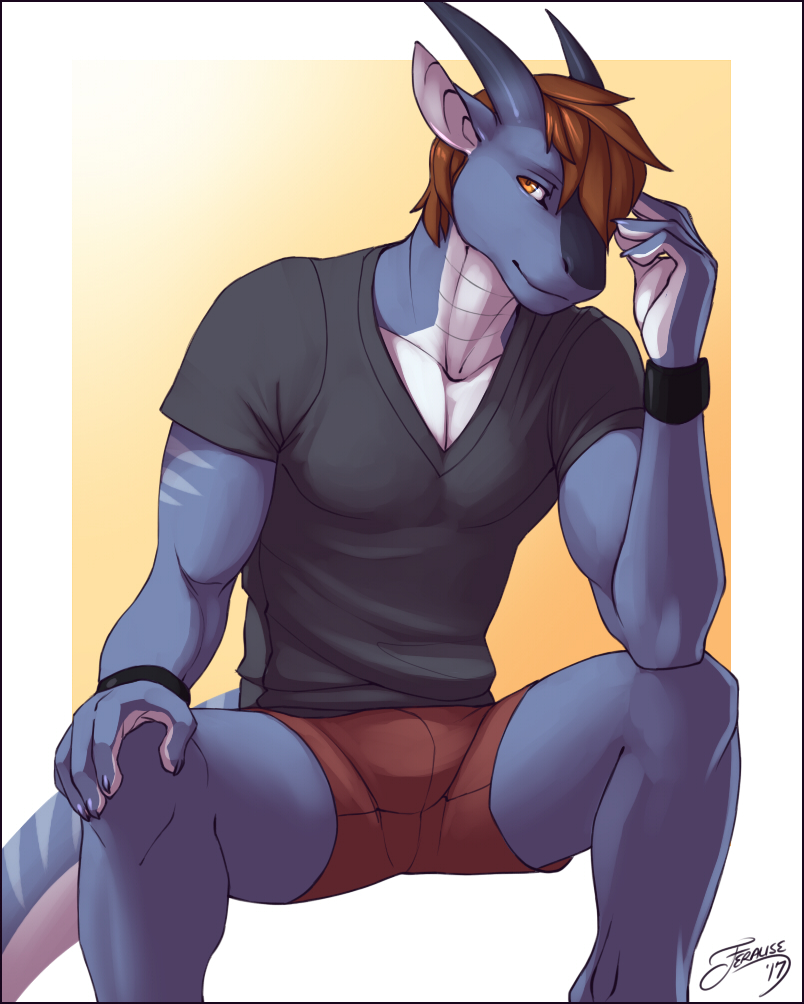 5_fingers anthro blue_skin brown_hair clothed clothing dragon feralise fully_clothed hair horn male markings multicolored_skin muscular muscular_male orange_eyes relaxing shirt shorts simple_background sitting smile snout solo tan_background two_tone_skin white_skin