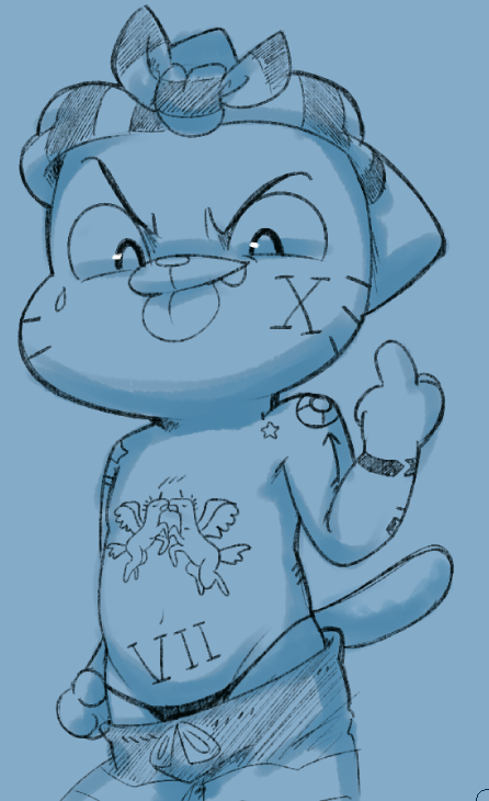 cartoon_network cat clothed clothing dandi feline gumball_watterson looking_at_viewer mammal middle_finger monochrome tattoo the_amazing_world_of_gumball tongue tongue_out topless young