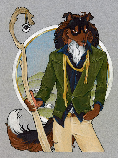 anthro black_fur brown_eyes brown_fur canine caprine clothed clothing collie dhstein dog feral fur male mammal sheep shepherd's_crook solo staff white_fur