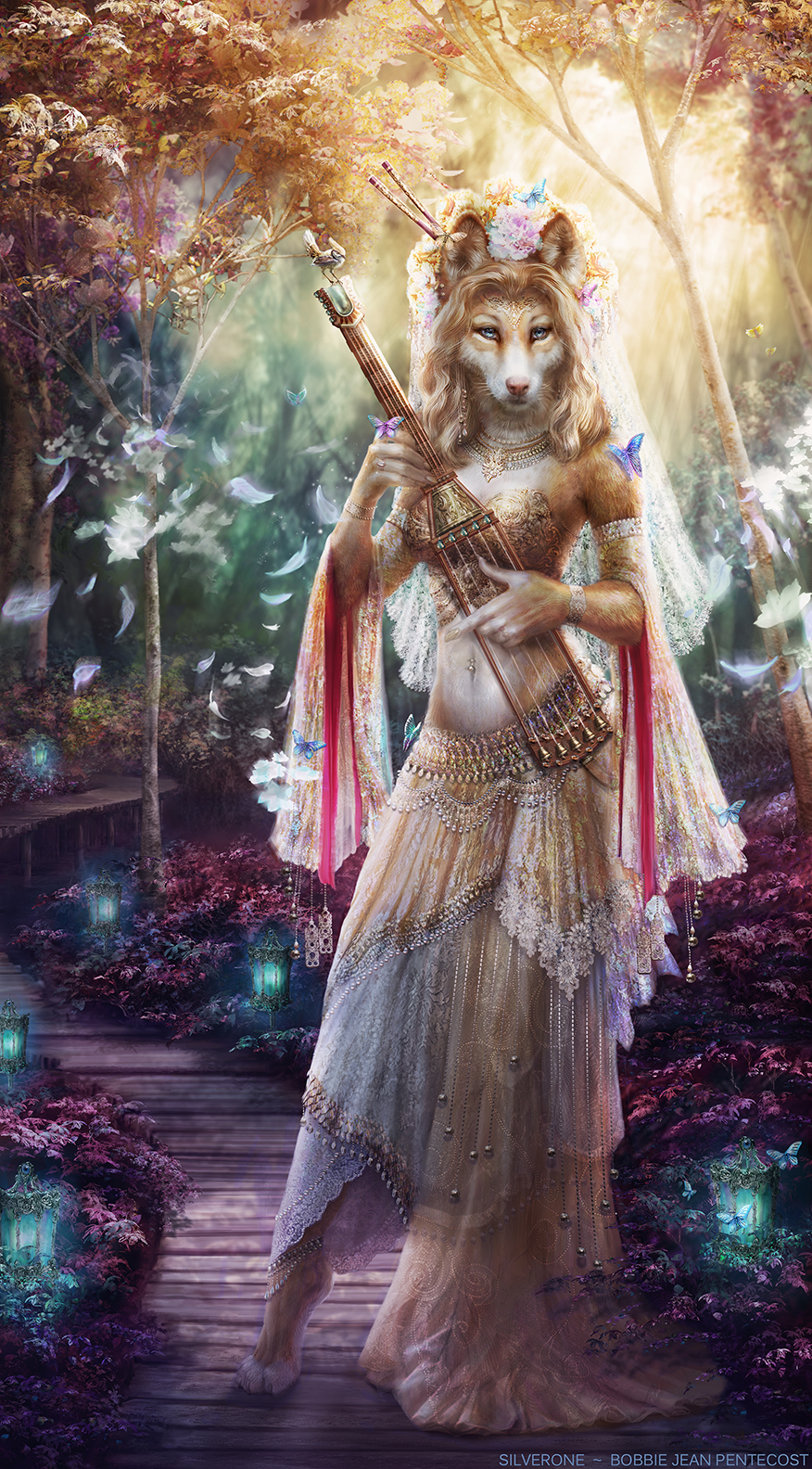 2016 amazing ambiguous_gender anthro armwear arthropod avian biped bird bjpentecost blonde_hair butterfly canine chopsticks claws clothed clothing crop_top detached_sleeves detailed detailed_background digital_media_(artwork) digital_painting_(artwork) female feral flower flower_crown front_view fur gold_(metal) gold_jewelry grass group hair hi_res hindpaw holding_musical_instrument holding_object humanoid_hands inner_ear_fluff insect instrument jewelry lamp leaf lighting long_hair looking_at_viewer mammal midriff multicolored_fur music muzzle_(marking) nature navel navel_piercing necklace orange_fur outside paws piercing pink_nose plant raised_heel shirt skirt slim solo_focus standing sunlight toe_claws tree two_tone_fur veil watermark whiskers white_fur yellow_theme