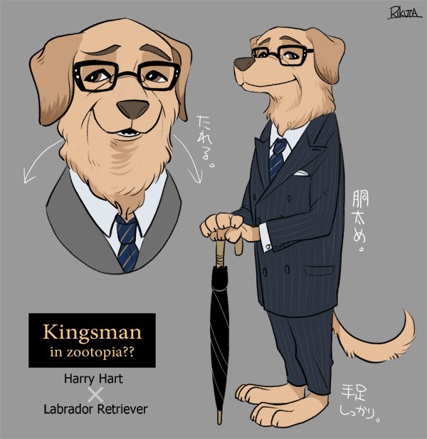 alternate_species anthro barefoot canine clothing crossover disney dog english_text eyewear glasses japanese_text kingsman_the_secret_service male mammal necktie rikuta smile suit text translation_request umbrella zootopia