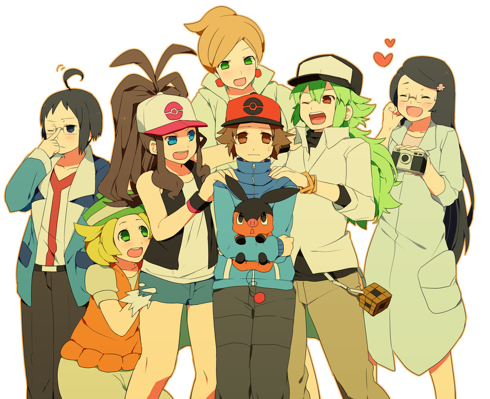 4girls adjusting_eyewear ahoge antenna_hair araragi_(pokemon) bad_id bad_pixiv_id baseball_cap bel_(pokemon) black_hair blonde_hair blue_eyes blush brown_eyes brown_hair camera cheren_(pokemon) closed_eyes closed_labcoat everyone flower gen_5_pokemon glasses green_eyes green_hair hair_flower hair_ornament hat heart labcoat makomo_(pokemon) multiple_boys multiple_girls n_(pokemon) noe_yuuhi one_eye_closed pokemon pokemon_(creature) pokemon_(game) pokemon_bw ponytail sleeves_rolled_up tepig touko_(pokemon) touya_(pokemon)