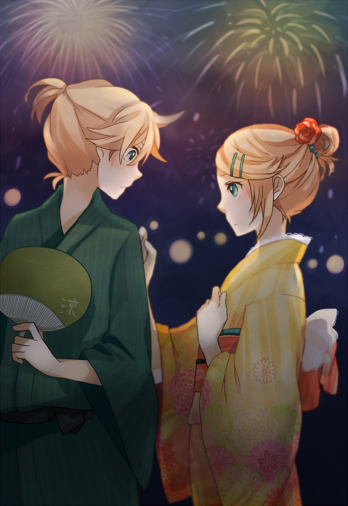 1girl aerial_fireworks aqua_eyes blonde_hair blurry bokeh brother_and_sister depth_of_field fan festival fireworks flower hair_flower hair_ornament hairclip japanese_clothes kagamine_len kagamine_rin kimono paper_fan short_hair siblings tama_(songe) twins uchiwa vocaloid yukata