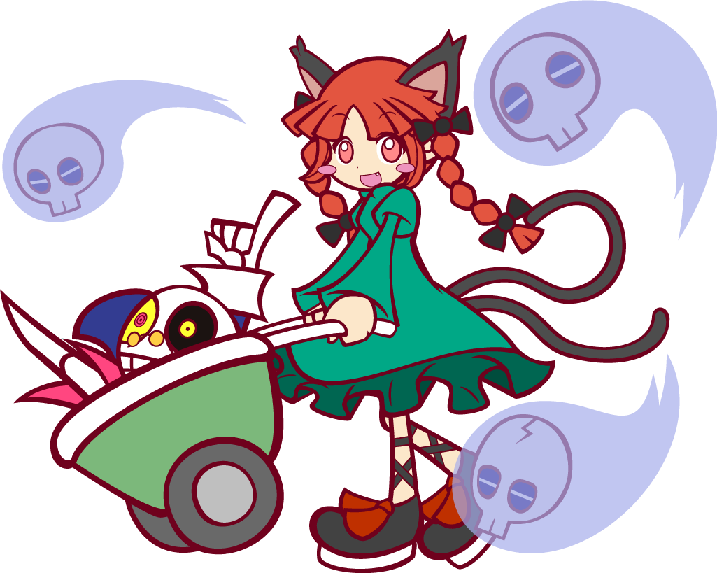 :d animal_ears blush bow braid cart cat_ears cat_tail crossover fang flat_color full_body glasses hair_bow kaenbyou_rin multiple_tails open_mouth oshare_bones parody pushcart puyopuyo puyopuyo_fever red_eyes red_hair skeleton_t skull smile solo spirit style_parody tail touhou transparent_background twin_braids y&amp;k