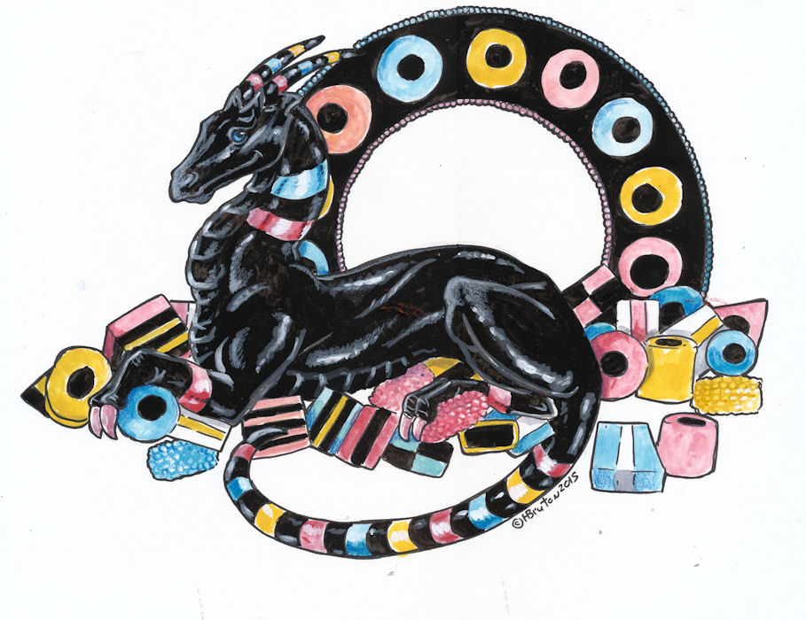 2015 ambiguous_gender black_scales blue_eyes blue_scales candy dragon feral food heather_bruton horn licorice pink_scales scales solo yellow_scales