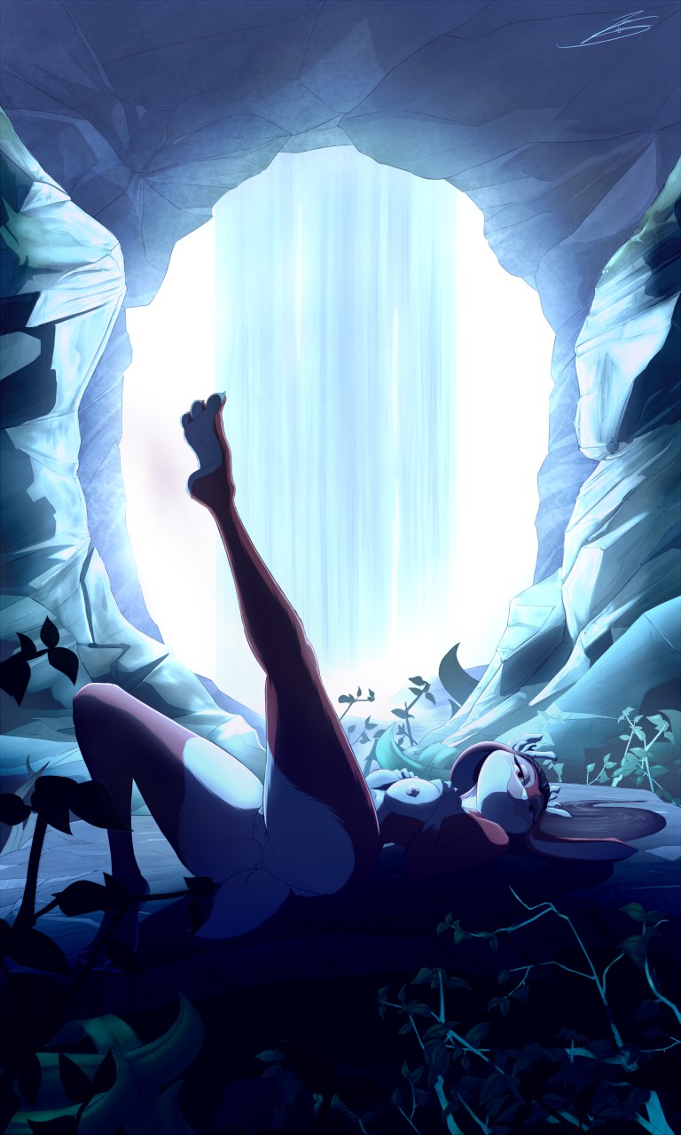 breasts butt cave clothed clothing female jackalope lagomorph leaves looking_at_viewer mammal panties plant plantigrade raised_leg ruby_sutoshi_(yaff) smile topless underwear water waterfall yaff_(copyright) zachseligson