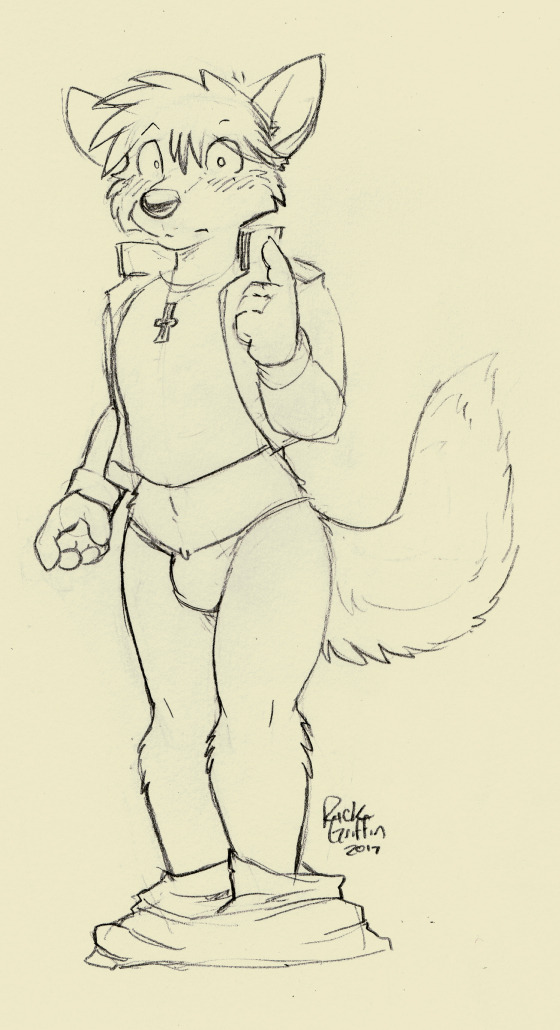 anthro canine chris_hayabusa clothed clothing embarrassed fur hair hi_res jacket jewelry male mammal necklace pants_down partially_clothed rick_griffin shirt sketch solo surprise t-shirt thong underwear wolf