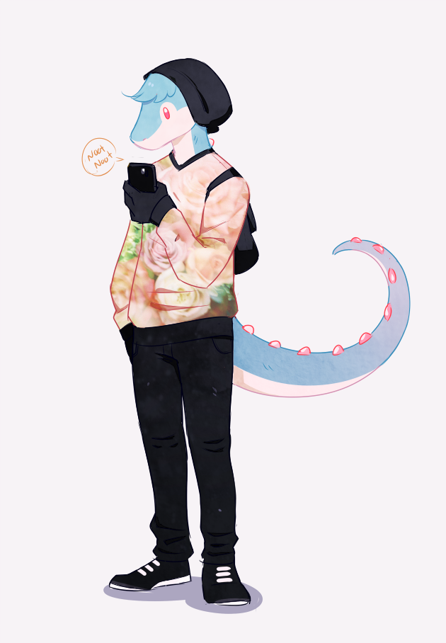 2014 anthro backpack beanie biped black_bottomwear black_clothing blue_body blue_hair blue_tail cellphone clothed clothing countershade_face countershade_tail countershade_torso countershading deaglen deaglen_(fursona) digital_drawing_(artwork) digital_media_(artwork) dinosaur english_text flat_texture footwear front_view gloves hair hand_in_pocket hat holding_object holding_phone iphone jeans long_tail looking_down male pants pattern_clothing phone pink_eyes raptor shadow shirt shoes short_hair simple_background sneakers solo sound_effects speech_bubble spiked_tail standing text texting theropod two_tone_body two_tone_tail vertical_bar_eyes white_background white_body white_countershading white_tail