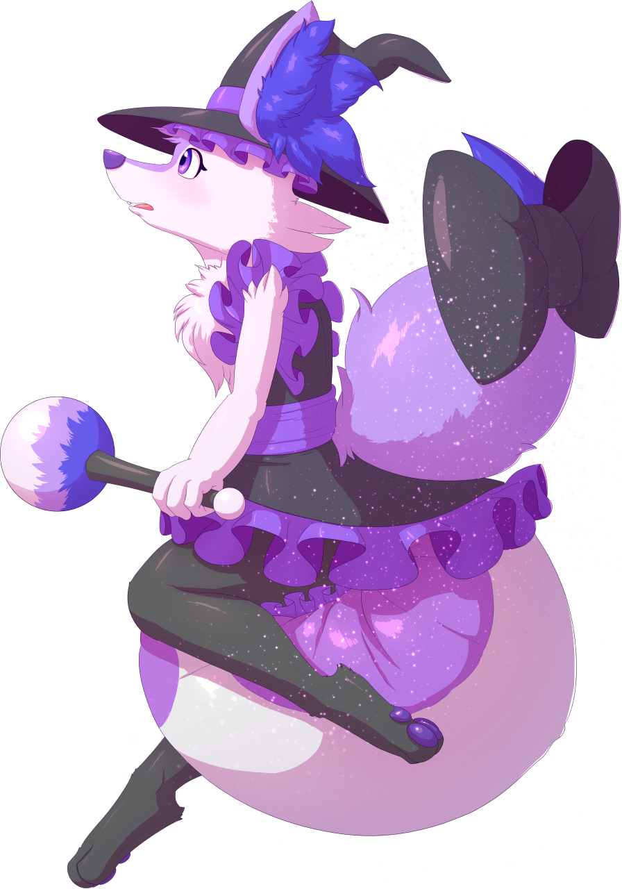 2017 alpha_channel alternate_color ambiguous_gender anthro bow braixen canine clothing diaper dress frill fur hi_res hyper_diaper inner_ear_fluff magic_user magical_girl_outfit mammal nintendo pok&eacute;mon purple_eyes purple_fur rattle solo sparkles video_games weewizzylizzy witch