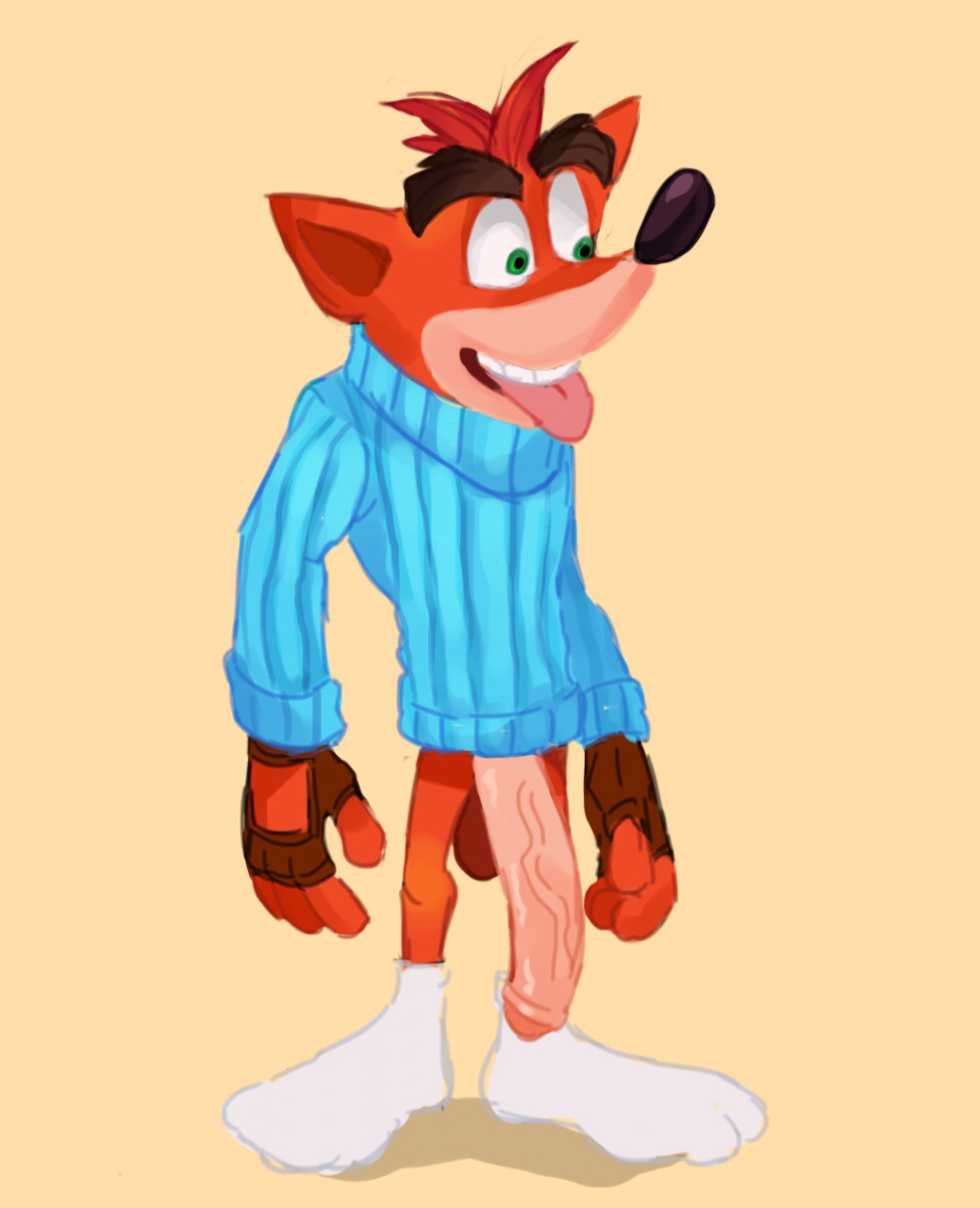 anthro balls bandicoot bottomless bumbumbandicoot clothed clothing crash_bandicoot crash_bandicoot_(series) legwear long_penis male mammal marsupial penis socks solo video_games