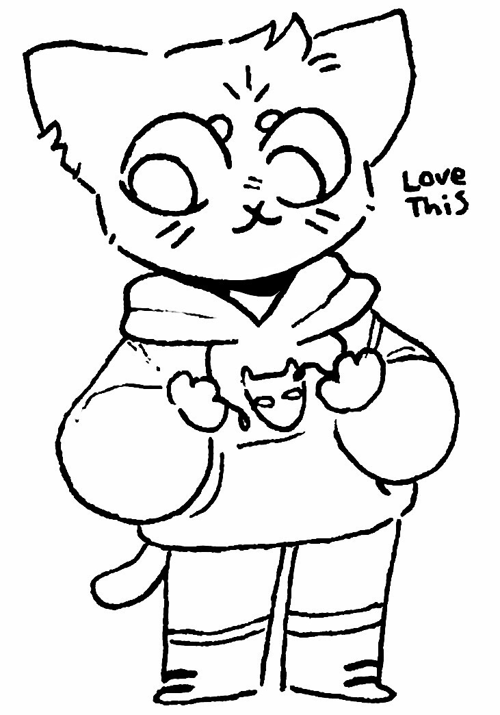 2017 :3 anthro cat clothes_swap clothing cute daww dialogue drarw_(artist) english_text eyebrows feline footwear hood hooded_jacket hoodie jacket lace logo mae_(nitw) mammal night_in_the_woods notched_ear pants paws pockets smile solo text tuft whiskers