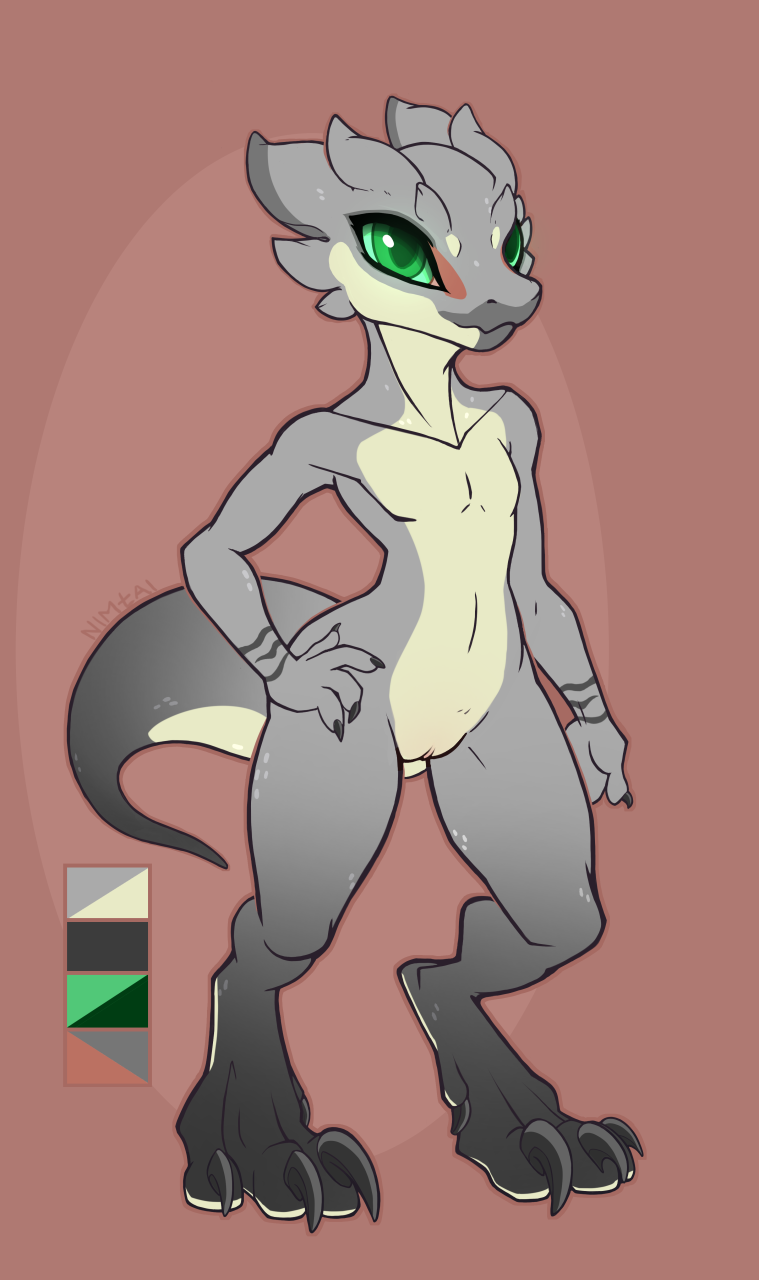 2017 3_fingers 3_toes anthro athletic biped butt claws female flat_chested green_eyes green_sclera grey_scales hi_res horn kobold long_tail looking_away multicolored_scales multicolored_tail nimtai nude pussy red_background scales scalie short simple_background smile solo spikes standing thick_tail toes