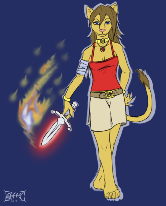 clothed clothing dagger dickgirl digital_drawing_(artwork) digital_media_(artwork) feline female fire fireball glitchworks intersex jewelry lion magic mammal melee_weapon racheltheseeker simple_background smile solo weapon