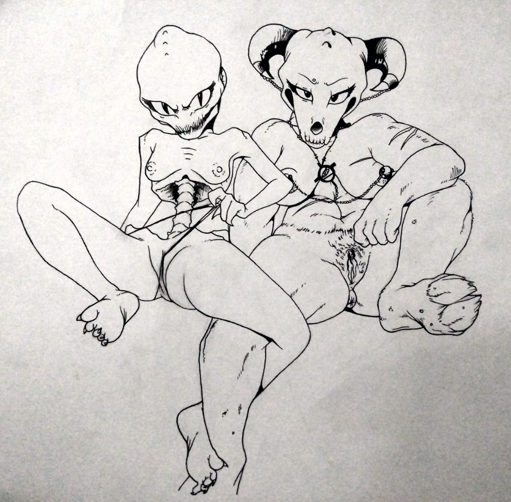 almonds_(artist) anus barefoot baron_of_hell black_and_white bone breasts demon doom duo female horn monochrome nipple_piercing nipples nude piercing pubes pussy pussy_floss revenant small_breasts traditional_media_(artwork) undead video_games