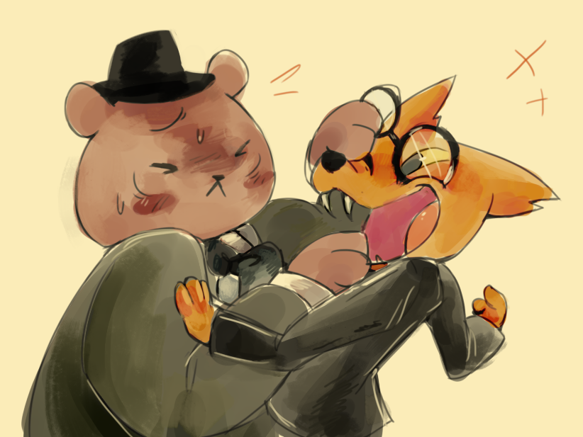 2017 angus_(nitw) anthro bear blush canine clothed clothing couple_(disambiguation) cute daww duo eyes_closed fangs fedora fox fully_clothed gregg_(nitw) happy hat heartwarming jacket leather leather_jacket male male/male mammal necktie night_in_the_woods one_eye_closed open_mouth paws pkbunny size_difference slightly_chubby sweat sweatdrop teeth tongue