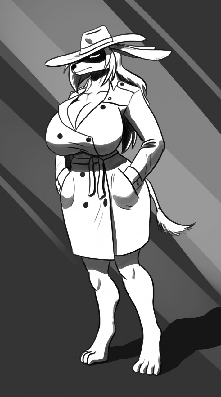 big_breasts breasts canine caprine cleavage clothed clothing digitigrade female goat hair hands_in_pockets hat huge_breasts hybrid lagomorph long_hair makeshift mammal monochrome obscured_face rabbit tight_clothing trenchcoat unknown_artist wide_hips wolf