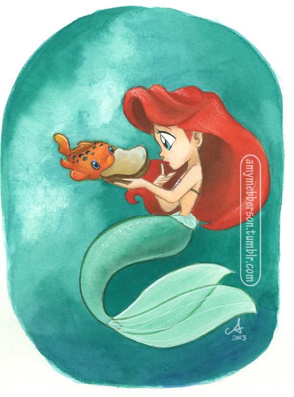 2013 5_fingers amymebberson ariel_(disney) blue_eyes border disney duo eyelashes female feral fish food hair lilo_and_stitch marine merfolk orange_scales pudge_the_fish red_hair sandwich_(food) scales seashell_bra signature the_little_mermaid tradition_media_(artwork) underwater url water watermark white_border